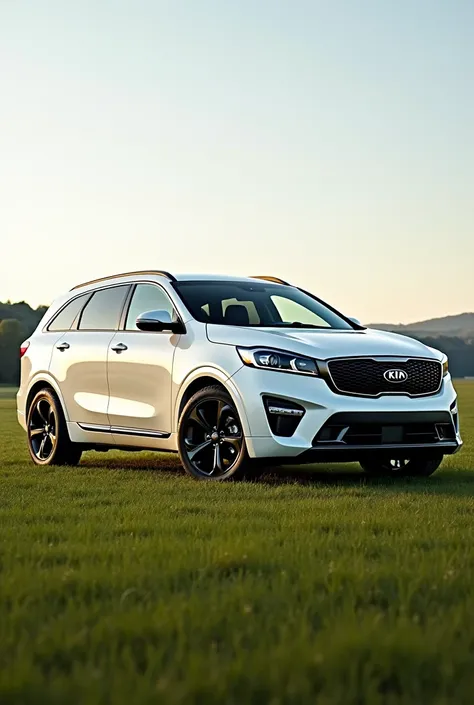  Create a white Kia Sorento 2016 with graphite-colored sports wheels, With sports bands on the hood standing on a field