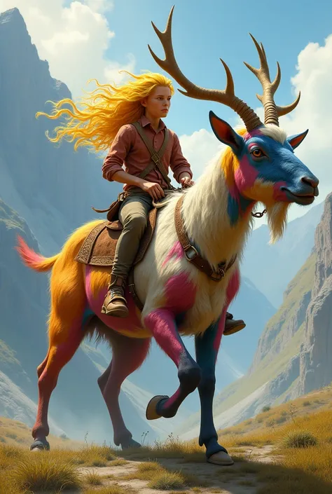 A multicolored goat is ridden by a young man whose caribou hair is yellow