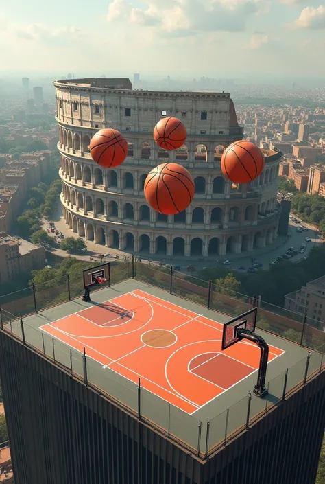 Three separate basketball balls on a full court perched on top of a skyscraper overlooking the interior of the Roman Colosseum