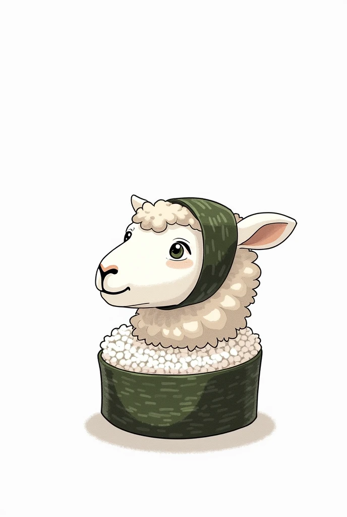 illustration, linework, a lambs head on sushi rice, seaweed wrap on head, side view, white background