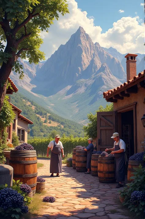 Winemaking activity ,  that includes mountains in the background,   in reddish color the image 