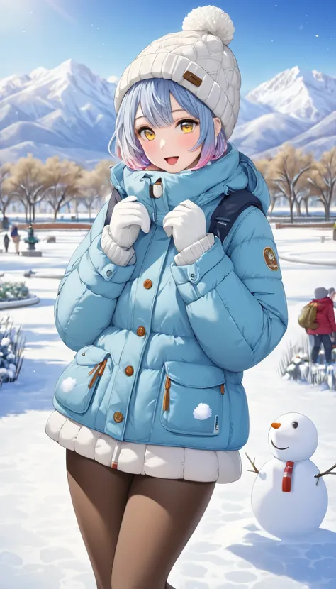 1girl, solo, looking at viewer, blush, short hair, opened mouth, blue hair, yellow eyes, grey hair, ahoge, multicolored hair, thighs, cowboy shot, outdoors, two-tone hair, colored inner hair, brown pantyhose, snowy mountains visible in the distance, snowma...