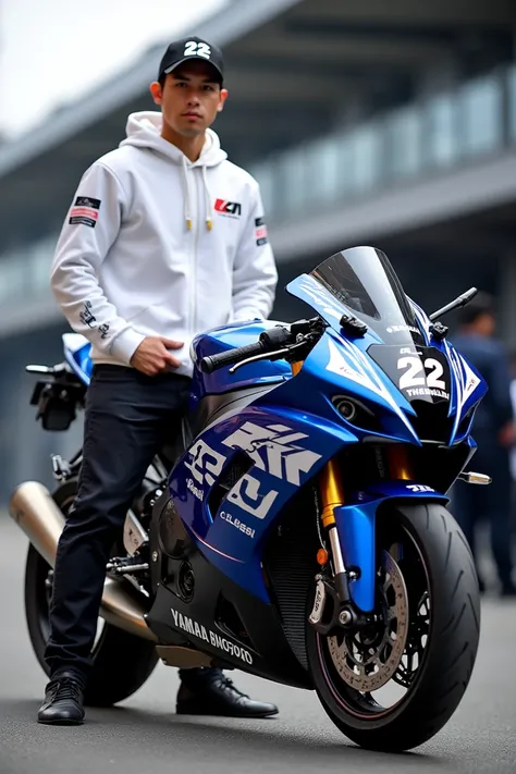 WSBK Yamaha R15 motorcycle racing , luxury modification and elegant color , 27-year-old Indonesian man Handsome Wearing basketball cap numbered 12 standing wearing white hoodie jacket, black jeans, high

