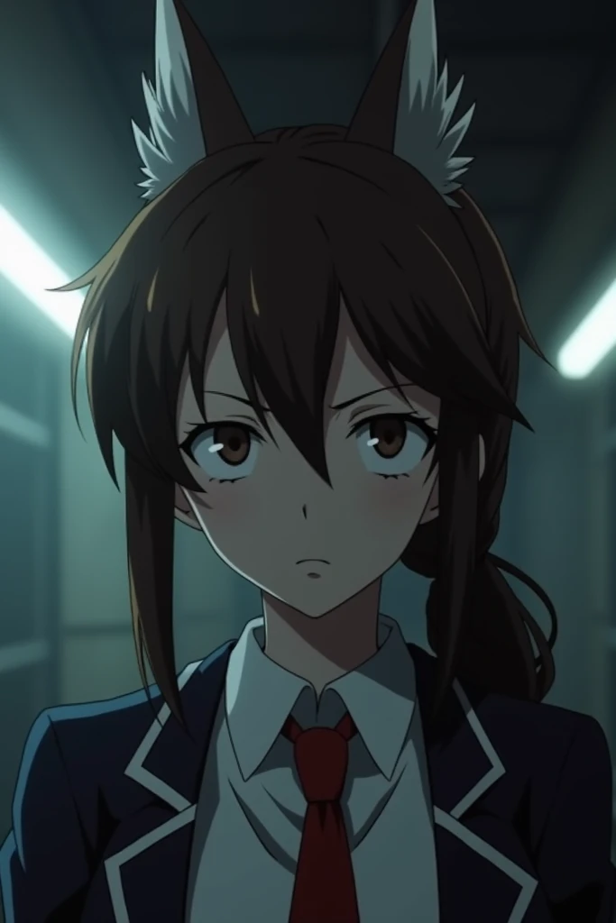 Screenshot of tokyo revengers,  teenage girl ,  with dark brown hair , with white tufts ,  wearing the Tokyo Manji Gang uniform.