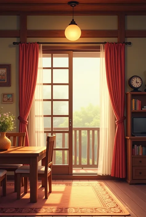 give me an image of a living room to teach ren, including door, window, curtains, light bulb, picture, wooden table and chairs with cushions, floor rug, clock, bookshelf, tv set, a buddha altar with flower vases