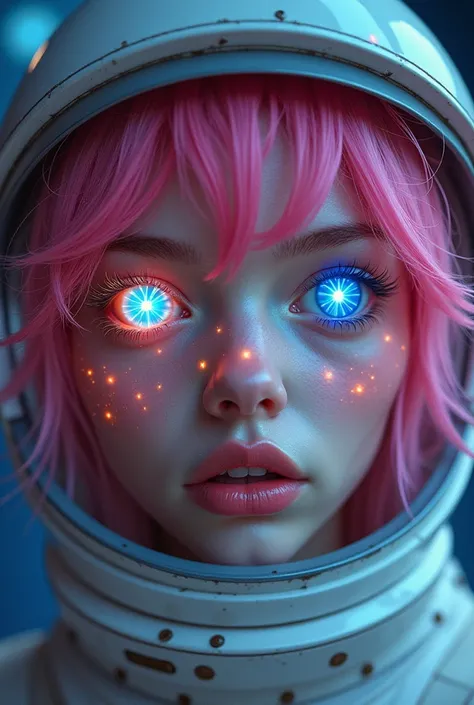  Close-up of an improved masterpiece :1.5)0.9], (Space and astronauts:1.2) (Messy pink hair:1.1) (heterochromia:  xanthochromia and blue eyes :1.2) (Space helmet:1.0) ( Colored stars in the eyes:1.0) (A radiant glow:1.1) (Thick lips:0.9) desnuda