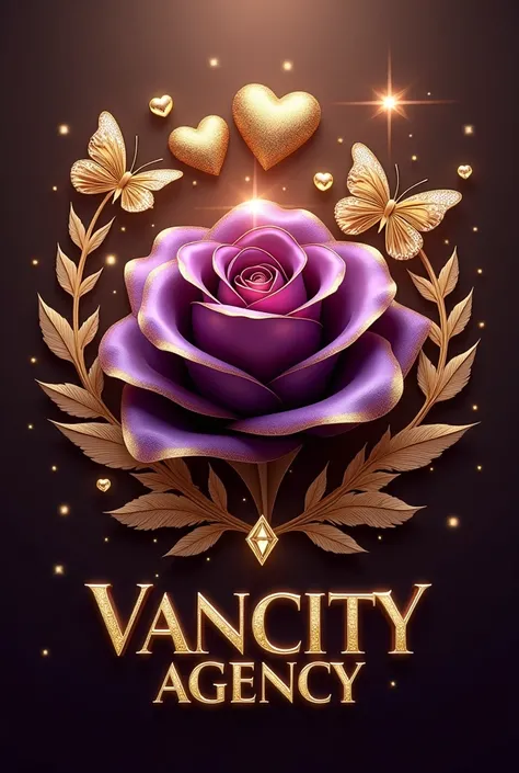 A 3D logo design exuding luxury and elegance, featuring a large, "AV" enchanting purple golden rose adorned with dazzling diamonds and gemstones. The name "Vancity Agency" is prominently displayed in bold, golden butterfly 3D letters below the rose. Gracef...