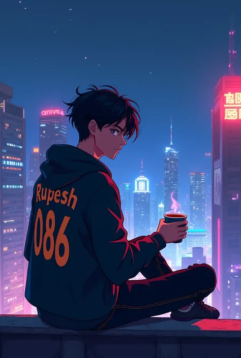 Cool anime Boy Chilling in the night rooftop with the back of his jacket name rupesh 086 while holding a cup of coffee while looking the cities 