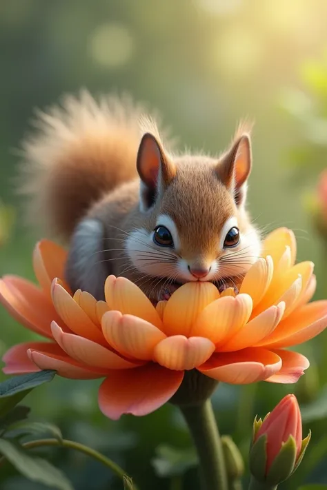 Cute and beautiful squirrel resting on a flower