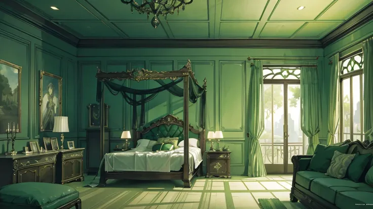 A room with dark green tones　noble　 otherworldly　luxury　　 concept art　Dreamy details　 background only　 dreamy atmosphere　 background only　Kayano