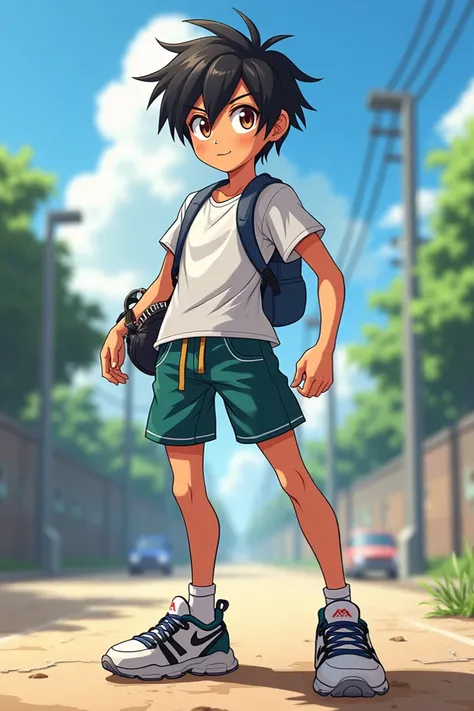 
 Rraki has an athletic and carefree appearance ,  with short, disheveled dark hair .  his eyes are bright and expressive ,  with a flash of fun and adventure .

Wear comfortable and practical clothing,  anime style like t-shirts and shorts , that allow he...