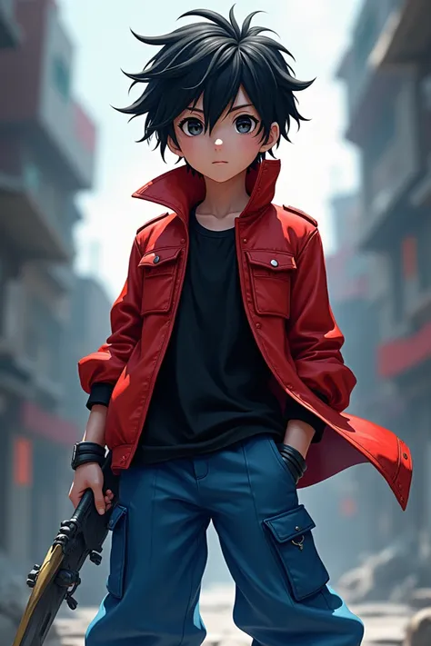 Anime boy, red jacket, black skirt, blue pant, black shoes, black eyes, standing,