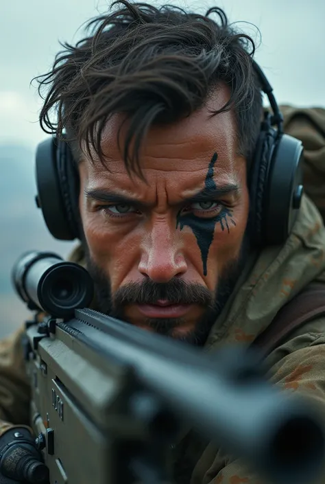 A sniper with the gun in his hand with a black scratch on his eyes in 4k
