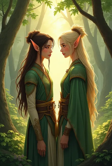 Two male forest elves ,  one with brown hair and the other with blond hair, with Asian features both men