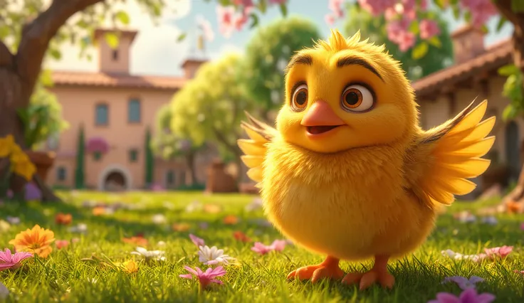 Portrait of a fluffy yellow chick, it looks happy on a green field, the sun is shining and small flowers decorate the environment. Vibrant 3D style like Pixar.”