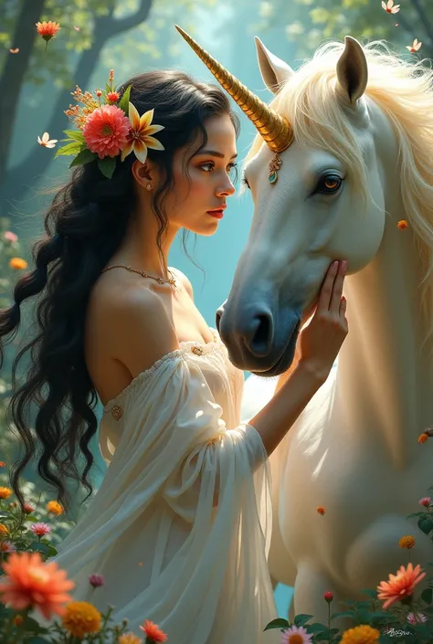   with long black hair braided and adorned with wild flowers ,  amber eyes ,  dressed in white silk with colored feathers and veil layer ,  caressing a white unicorn with golden manes  ,  through a forest of colorful flowers , animals and river 