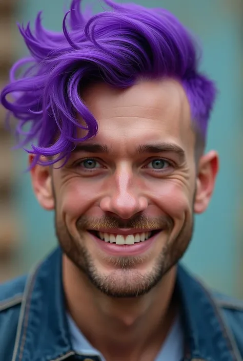 A man with purple half-hair is smiling