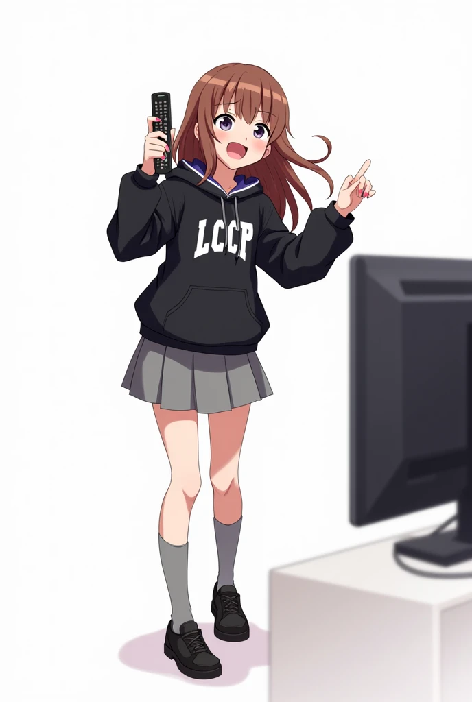 Teenage woman looking forward and brown hair standing in front and her legs and wearing black leather shoes and knee-length gray socks And black hooded poleron with white letters Athletic-style font LCCP on her chest with pink nails gray skirt anime image ...