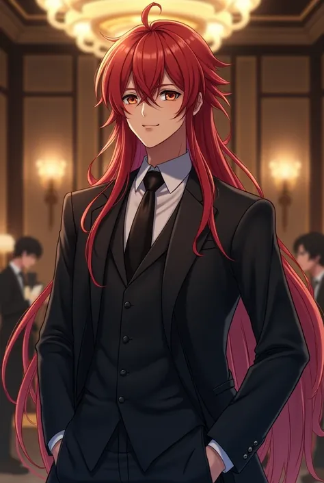 Tall anime man ,  with a friendly smile ,  eyes cold as steel ,  sophisticated outfit with a 14-year-old teenager anime long red hair pretty, light brown eyes, adorable blue dress in an office of rich people at night 