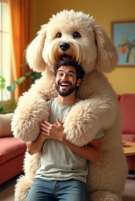 A cheerful man is holding an outrageously huge Maltipoo, its fluffy head towering over him. The dog’s adorable face, with a playful smile, is almost as big as the man himself. Its enormous body wraps around him like a giant teddy bear. The background is a ...