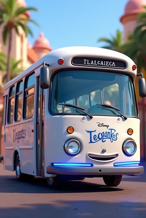 Disney Pixar, white bus , Of 6 windows ,  with blue letters says Tlalancaleca ,  on the windshield with silver letters says ELEGANTS,  has a strip of blue light on the front side ,  near the headlight it has the number 40 