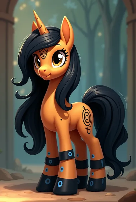 a pony ,   style my little pony ,  an adult ,   that her skin is tan and that her hair is wavy and long black that shines and moves on its own,   brown eyes and has black spiral-shaped marks on the body ,   wears black bandages with small blue symbols , Q ...