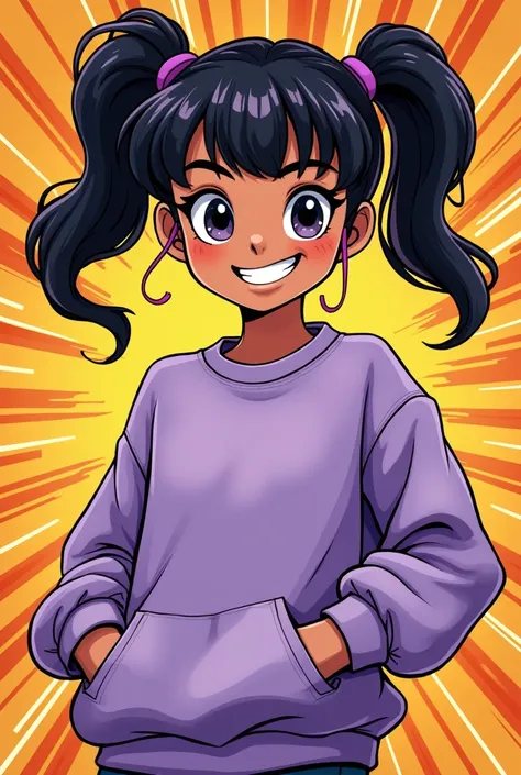  You help me create a comic character ,  with comic book features ,  who is a very expressive teenager on her face ,  that is physically thin , with bangs, Trigueñita , short,  with two tails and long hair ,  with a costume a light purple sweatshirt.