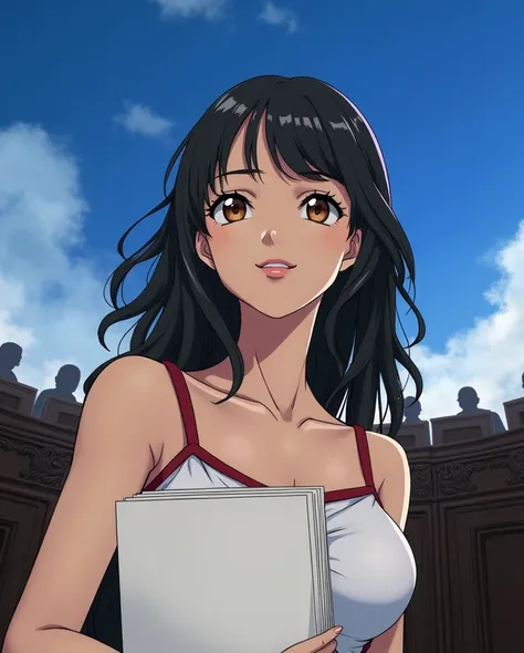 24 year old woman, wearing a red dress with wide straps, her body is large breasts, small waist, pearly complexion, honey hazel eyes, wide hips, long black hair with bangs, in her hand a folder with documents, she is in a court, standing in front of the st...