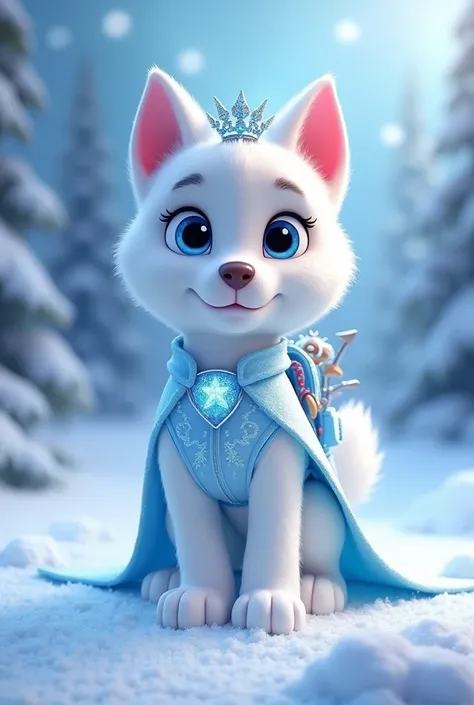 Create an anthropomorphic puppy character inspired by Elsa from Disney, designed in the style of PAW Patrol. The puppy should be a all white Siberian Husky, representing her connection to snow and ice. Her white fur could feature shimmering icy blue highli...