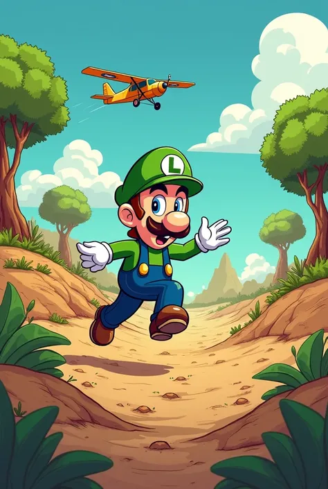 crear un comic con estilo cartoon tomando como referencia la siguiente historia: Luigi jumped out of the plane and, upon landing, began sowing thousands of seeds in the arid soil. He knew that, with each seed, he was sowing hope to restore the ecosystem an...