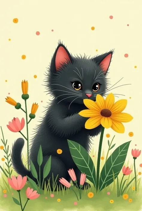  Lisa Larson Style      、   a (small tiny little)  The fluffy black kitten is playing hide and seek, so its hidden behind a leaf、That kitten is smaller than a flower the size of a fairy 、
drawn flower collage   、    Scattered Hardwoods in Balanced arrangem...