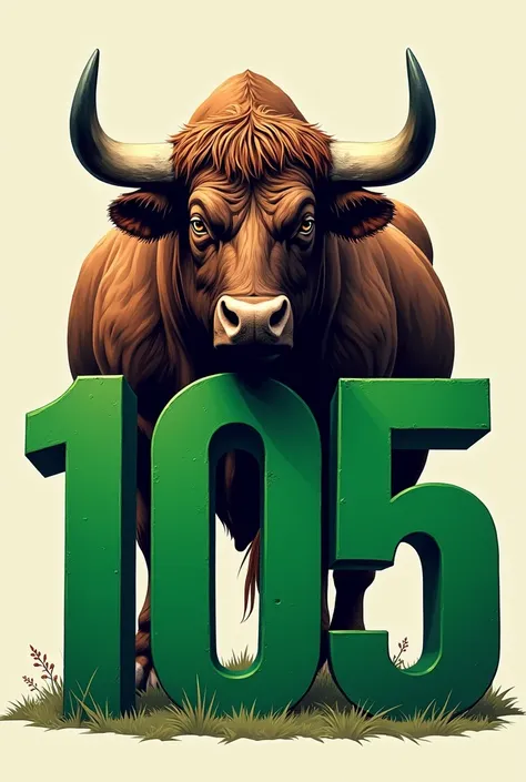 An image of a bull with a large number in front 105 years in green