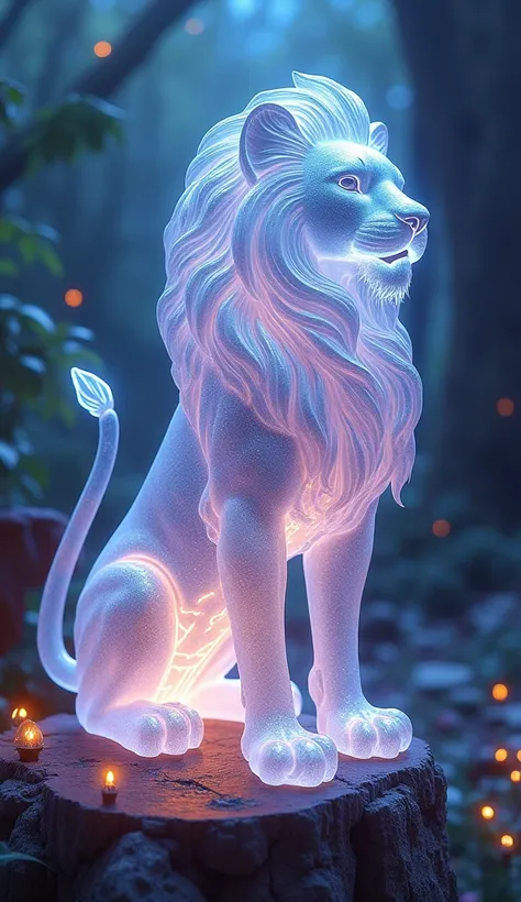 
Beautiful translucent glass lion glowing inside, glowing lights, made of clear delicate glass, magical glow, vibrant whimsical colors, painterly, epic, majestic, fantasy art, cover art, dreamy, graphic illustration, comic art, graphic novel art, vivid, hi...