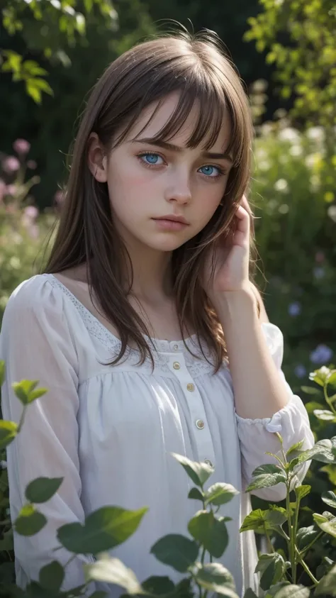 a european girl, face and eyes extremely detailed, sad, depressed, very detailed expression, half-closed eyes, blue eyes, realistic, 4k, in the garden