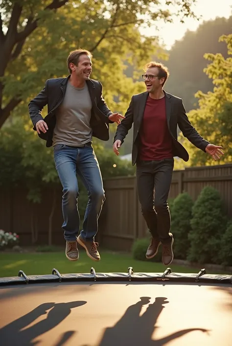 james wilson and gregory house from house md jumping on a trampoline