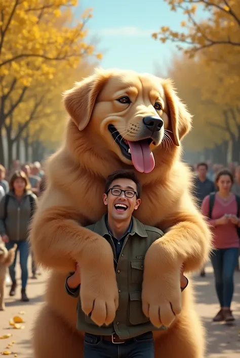 A laughing man holds an absolutely colossal Golden Retriever, so enormous its fluffy, golden body sprawls across the entire scene. The Golden Retriever’s cute face, with a tilted head and wide, joyful eyes, adds an extra layer of charm. The background is a...