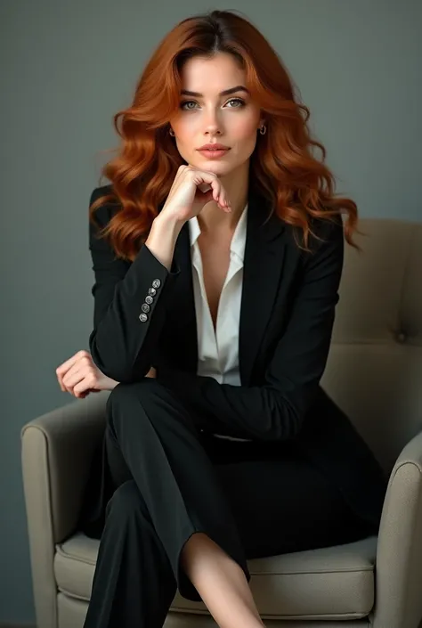 
**" A professional 4K resolution image of a determined elegant businesswoman sitting in a chair,  looking forward with an authoritarian expression .  She has her legs closed ,  one arm bent and resting on one knee ,  and the other arm supporting her chin ...