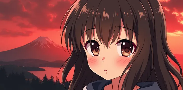   a wallpaper for a computer ,  that is Japanese-style and anime , with Japanese-style landscapes ,  with a girl with brown hair and dark brown eyes ,  with wavy hair up to her shoulders and with a small mole on her cheek. that it is anime style, But let i...