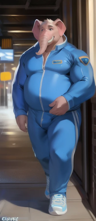 Solo, male Tall​, standing, street, pig elephant , blue military spacesuit, overweight, muscular,Lazy, by chunie