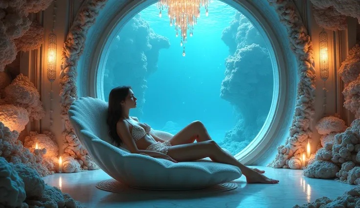 A grand underwater house made entirely of coral and seashells, glowing softly with bioluminescent light. A woman reclines on a seashell-shaped sofa near a glowing crystal chandelier. Her two-piece is adorned with pearl accents, and she gazes thoughtfully o...