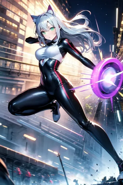 A beautiful girl with silver cat ears, green eyes, silver hair, long hair, black and white battle suit that fits her body perfectly, the background is the night city, the age is 14, dark night, sweat, steam from exhalation, dynamic angles, dynamic action p...