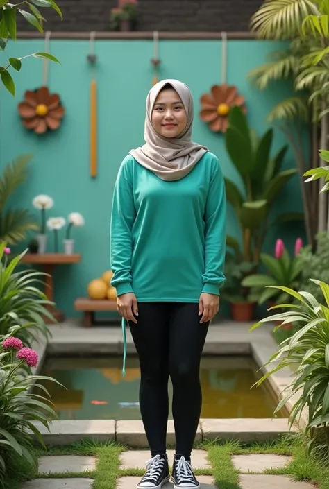 Woman aged 20, from Indonesia. Slightly fat body, wearing a long-sleeved T-shirt in dark turquoise green, wearing a hijab. Wearing black leggings. Sneakers. Posing in a garden in the yard of a homestay. With a light turquoise green paint color combined wit...