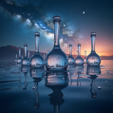 Many water polos float in a beautiful galaxy .  Each of them reflects a different city from another country