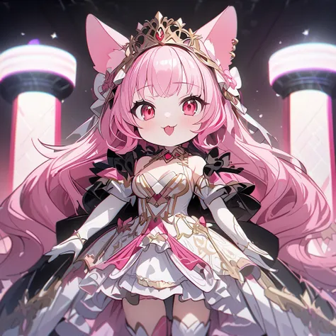 Top quality, masterpiece, high resolution, 8K, solo, chibi character, pink hair, red eyes, animal ear girl, gorgeous costume, gorgeous stage, opera gloves, opera singer,スポットライト

