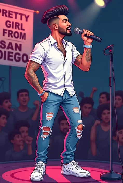 Tip: A Mexican American 5 foot 6 medium build man with a pompadour skin fade hairstyle and goatee singing on stage with a banner that says “Pretty Girl from San Diego”, with a mirror phone stand and audience, with flashing lights.. The illustration is a hi...