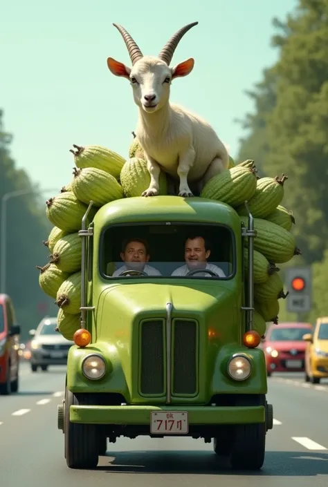 A goat is riding a truck made out of bitter gourd on highway road 