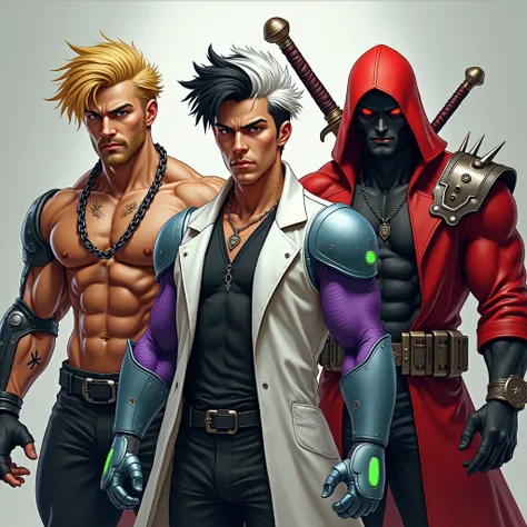 Three dangerous people ,  the one on the right has golden hair and scars on his body , He has muscles and with chains on his neck , It has a robotic arm on the right side.

 The one in the middle has a lab coat with black and white hair ,  has purple sleev...