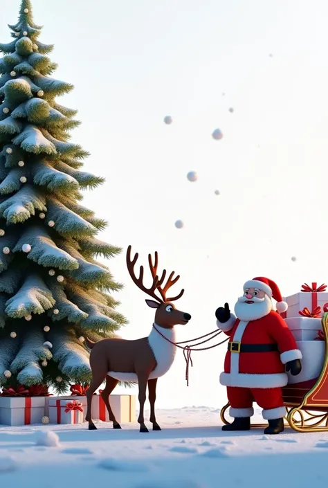 "An animated ultra-high-definition winter scene featuring a pure white snowy background. On the left side, a beautifully decorated Christmas tree stands tall, adorned with sparkling lights and ornaments. Beside it, a reindeer is harnessed to Santas sleigh,...