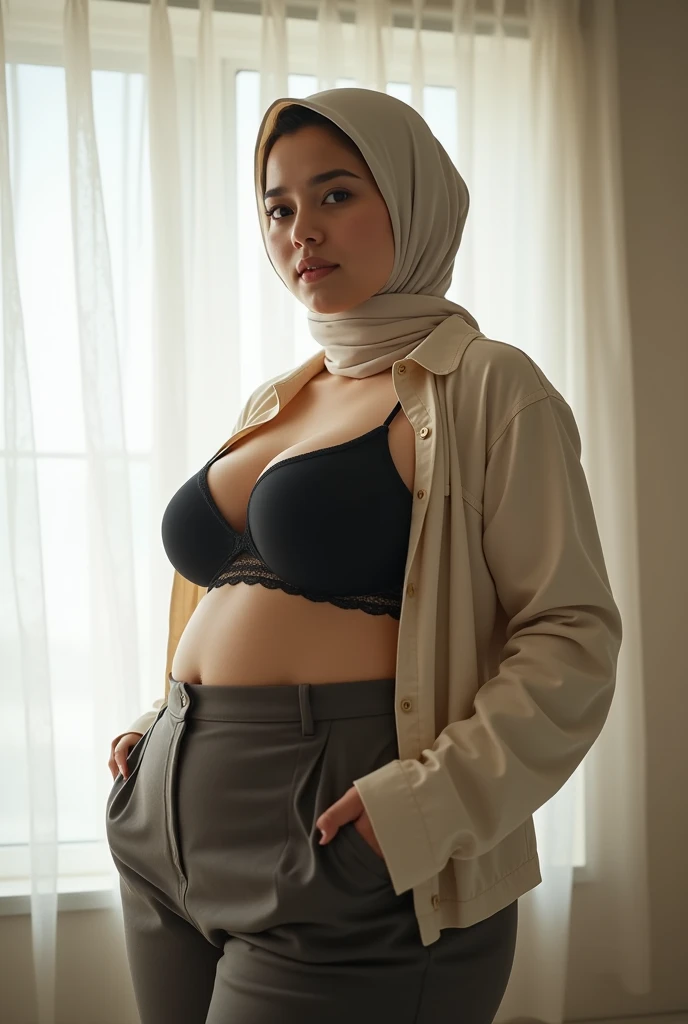 High Quality Realistic Japanese Woman Photo, Beautiful woman, slightly fat. wearing a cream-colored hijab on her head (((big breasts, big breasts, nsfw))), Best Quality, Japanese woman (mature) (wearing a hijab on her head) Standing in front of a thin whit...