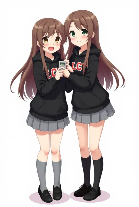 Sisters Teenage woman looking forward and brown hair standing in front and her legs and wearing black leather shoes and gray knee-length socks And black poleron with hood and with white letters Athletic-style font LCCP on the chest with pink nails gray ski...